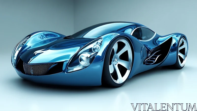 Futuristic blue concept car rendered with reflective surfaces