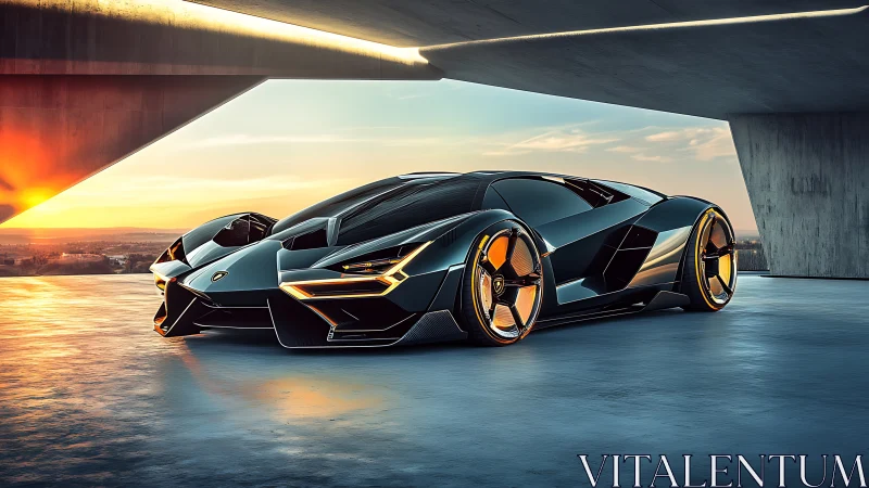 Sunset-lit futuristic supercar resting in quiet concrete shelter.