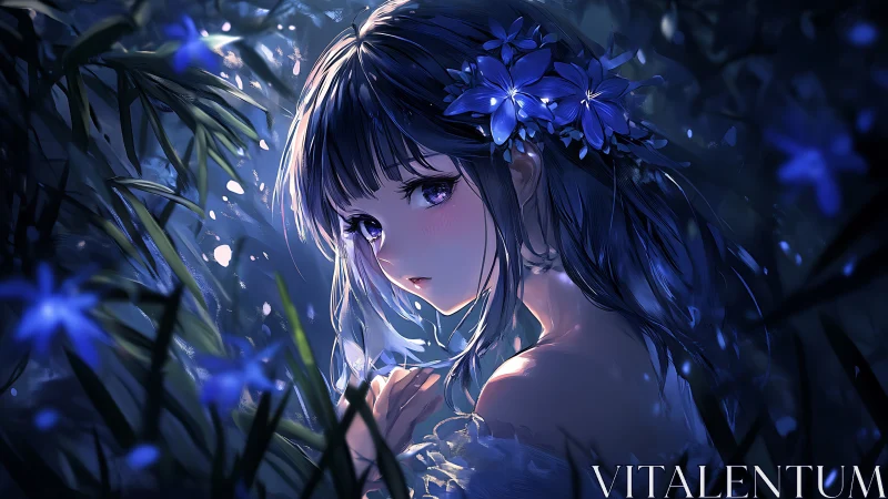 Nocturnal anime girl portrait with blue floral wreath lighting.