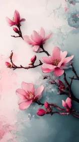 Pink magnolia flowers on branches against textured surface.