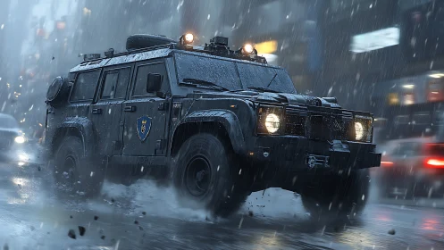 Armored police truck powers through rainy neon city street.