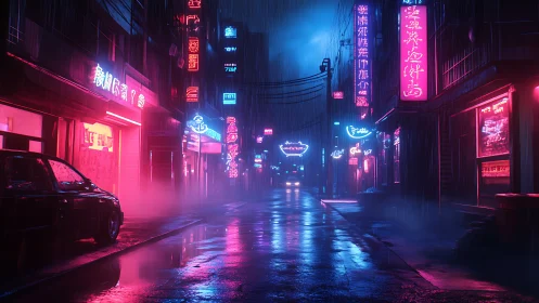 Rainy neon city street with moody cyberpunk lighting.