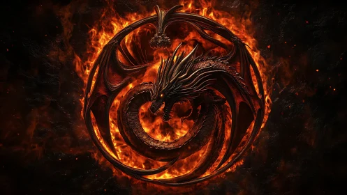 Fiery dragon emblem coils within blazing circular frame.