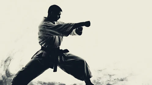 Focused martial artist holds a powerful stance with calm strength