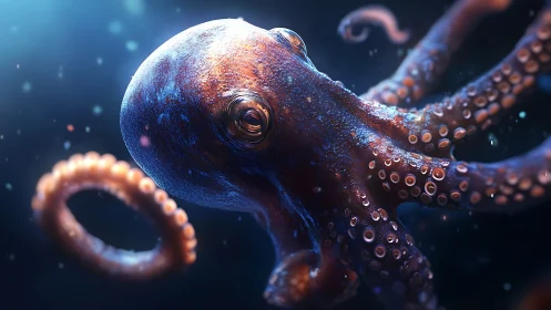 Glittering octopus drifts through starlit midnight water
