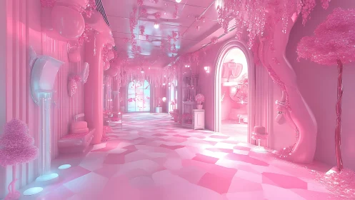 Surreal pink corridor renders dreamy fantasy interior in 3D