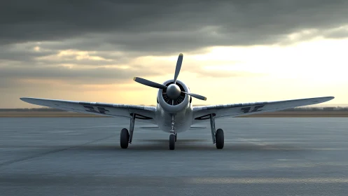 Front-aligned radial engine fighter on wet tarmac under overcast sky