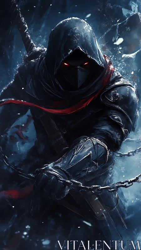 Hooded shadowblade with burning eyes storms the frozen night.