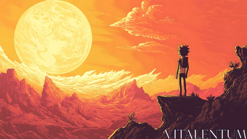 Curious space traveler gazing over a glowing alien sunset.