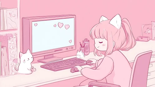Girl with cat ears operates computer in monochrome room