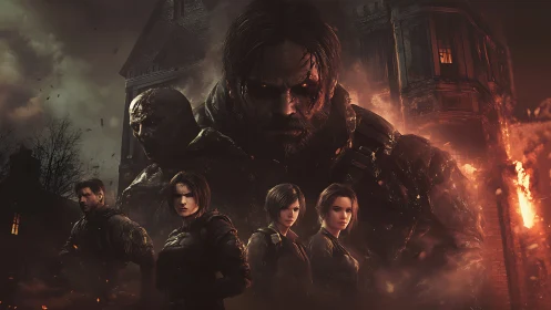 Cinematic survival squad framed by burning gothic architecture