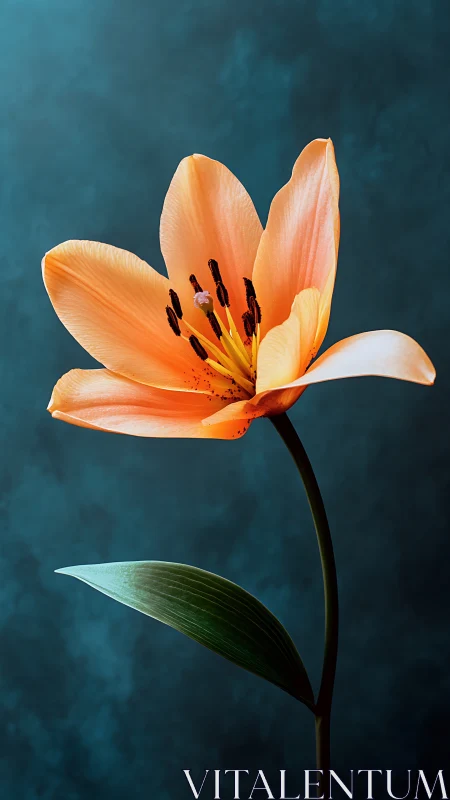 Soft orange lily opens gently against a tranquil teal sky