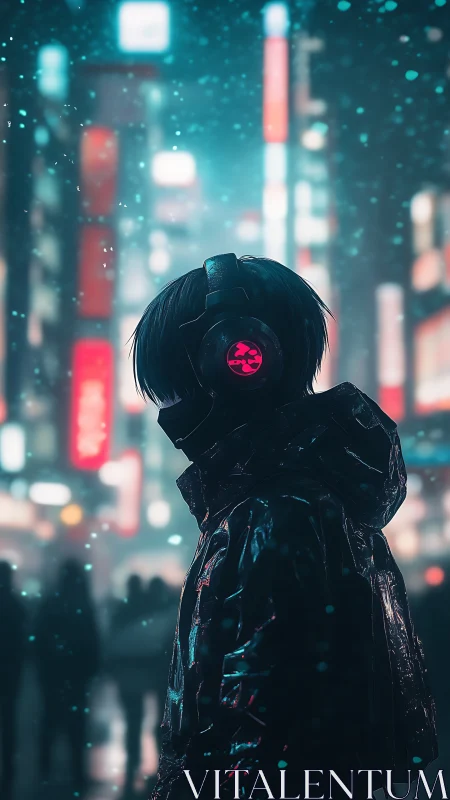 Hooded figure with headset in neon lit urban street at night.