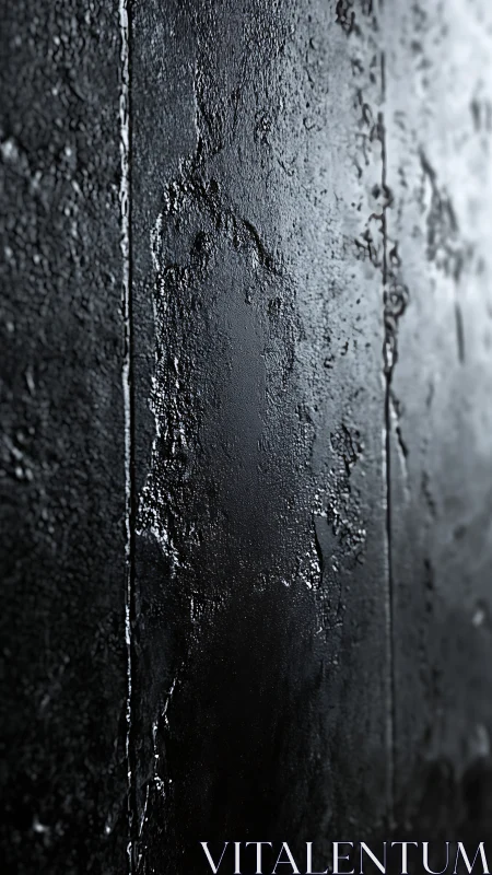 Wet black concrete wall with glossy textured patina surface.