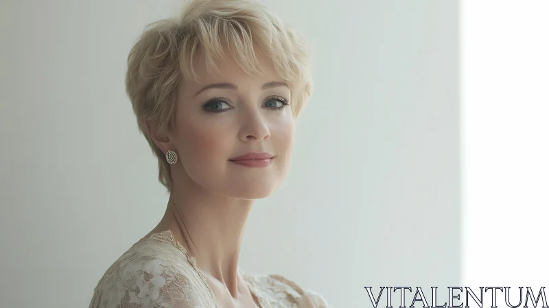 Elegant woman with short blonde hair in soft natural light portrait.