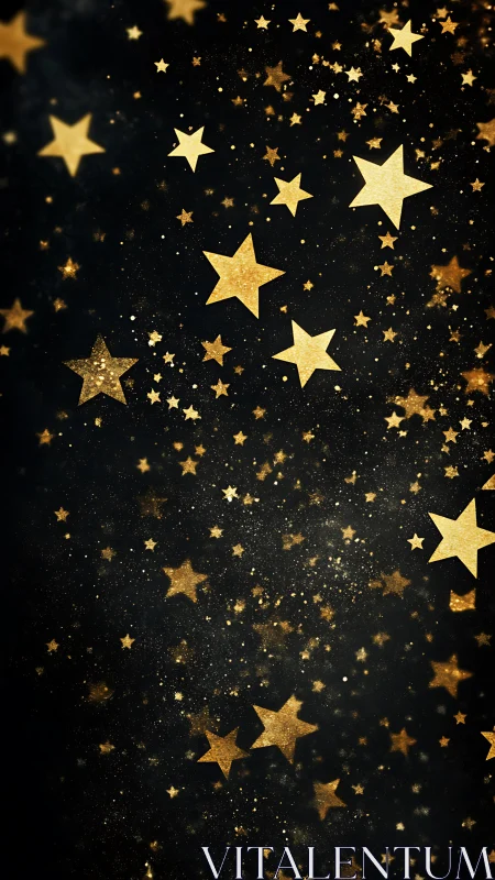 Gold stars scattered on dark night sky background.