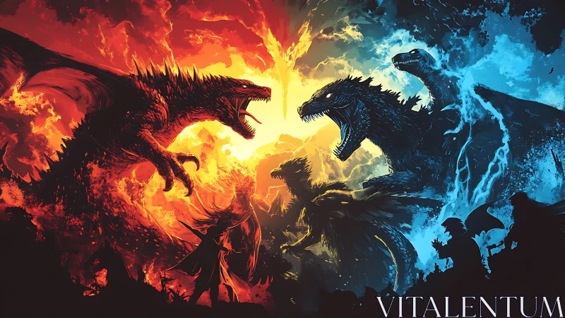 Fire and ice dragons clash in dramatic fantasy battle scene.