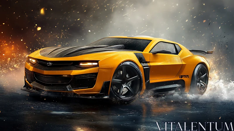 Futuristic yellow muscle car powers through rain and sparks.