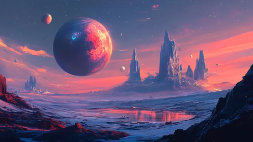 Distant planetary landscape shows ringless world and spires