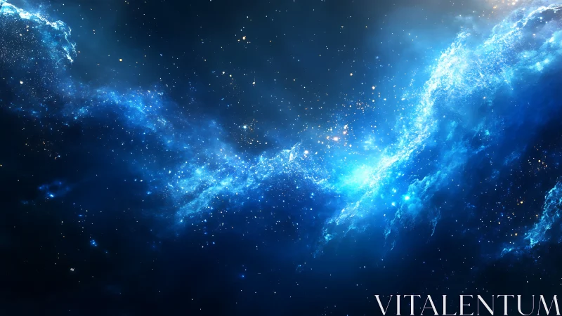 Blue nebula stream cuts through star-dense cosmic void.