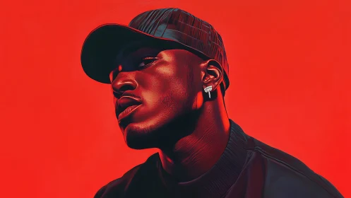 Side-profile digital portrait against uniform red backdrop.