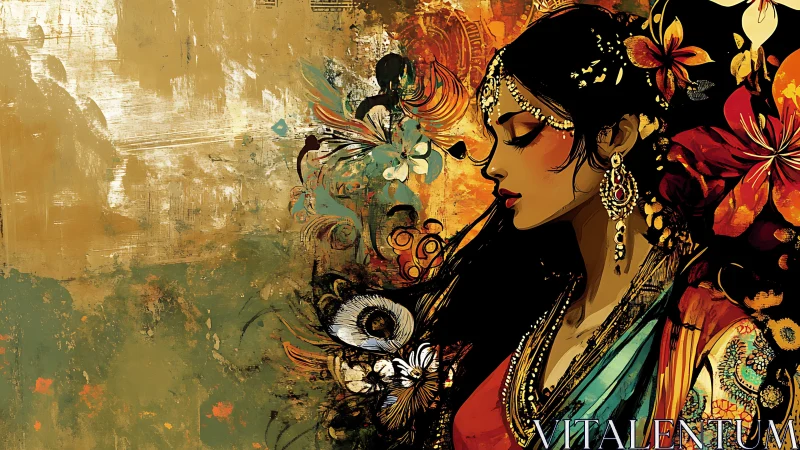 Profile portrait of adorned woman in floral abstract field.