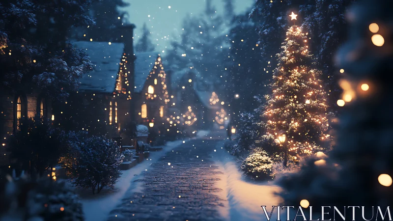 Snowy village street shows lit houses and decorated tree