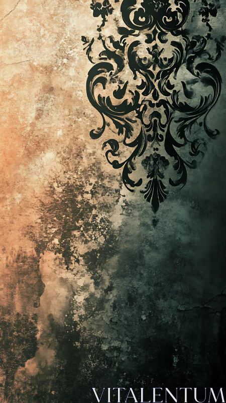Baroque damask overlay on distressed grunge wall texture.