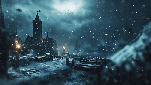 Moonlit fortified cliff castle in blizzard with icy causeway