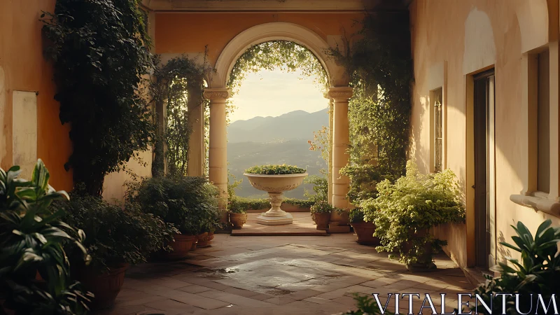 Sunlit Mediterranean terrace frames distant mountain view