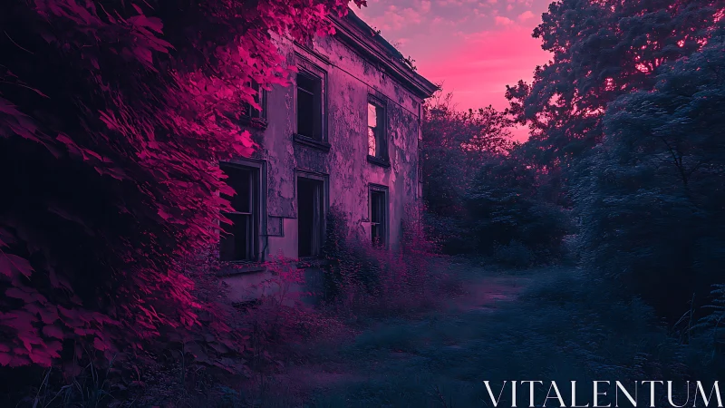 Twilight-kissed abandoned house wrapped in neon wild growth.