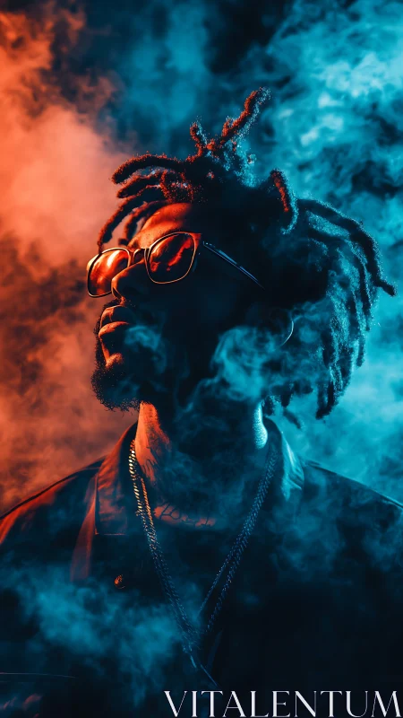 Portrait subject stands in dense colored smoke lighting