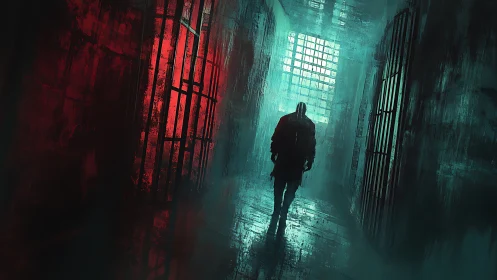 Cyberpunk corridor study with silhouetted prisoner figure.