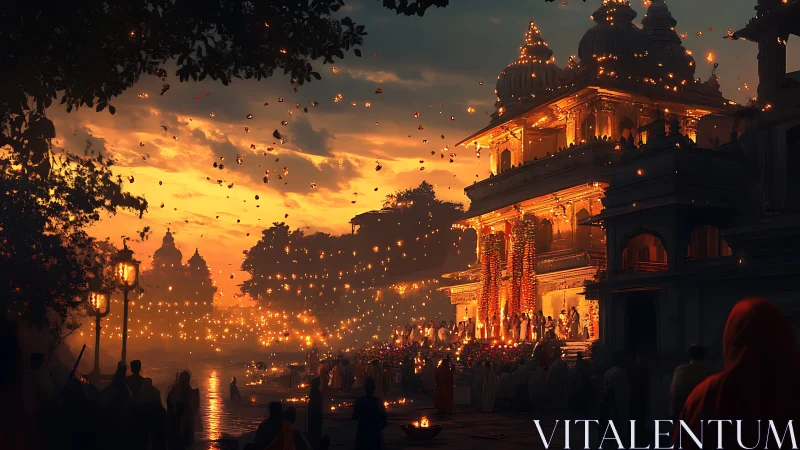 Golden riverside temple festival at dusk with floating lanterns