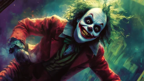 Sinister clown portrait in neon chaos environment.