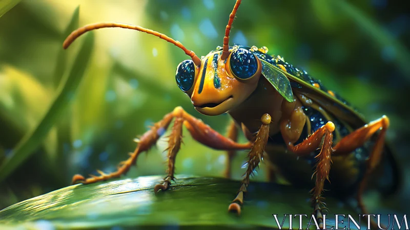 Curious jewel-toned bug exploring a glowing green leaf.
