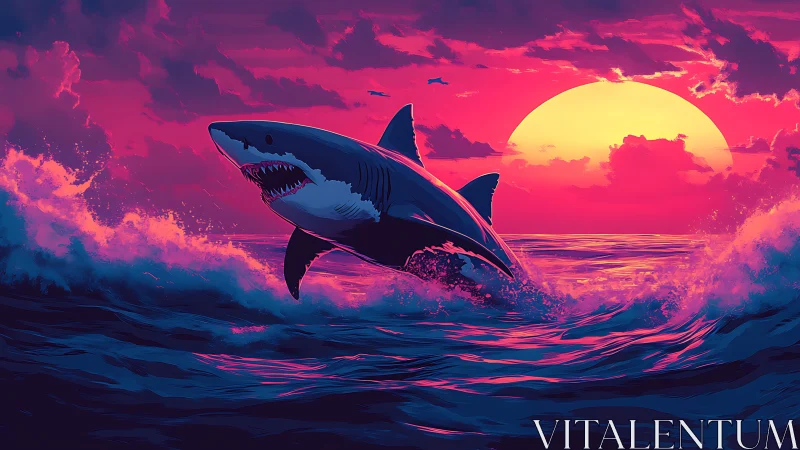 Neon sunset shark erupts from glowing waves in fierce motion