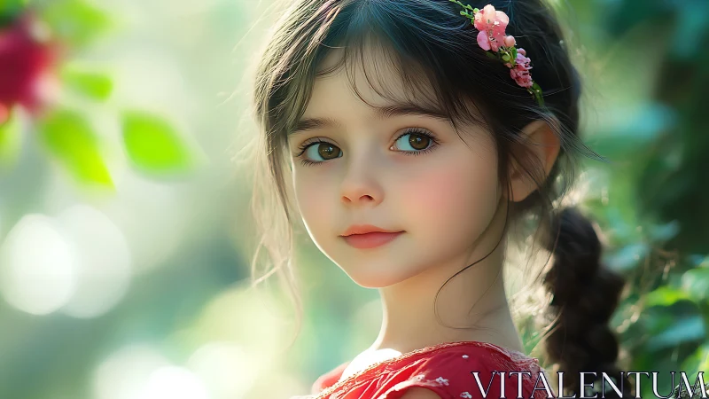 Young Girl with Floral Headpiece in Garden Setting