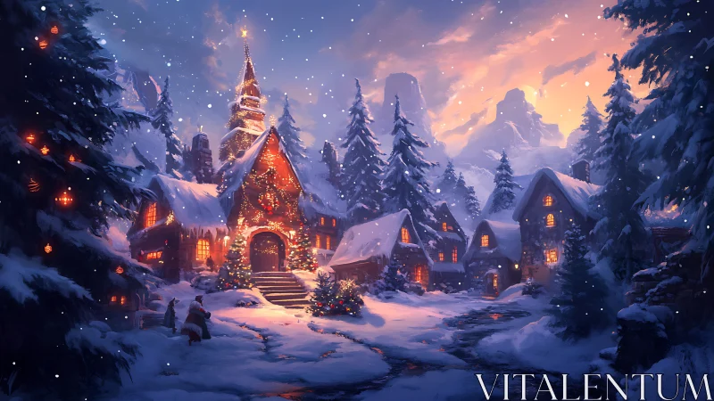 Snowy alpine village illuminated by festive winter lighting