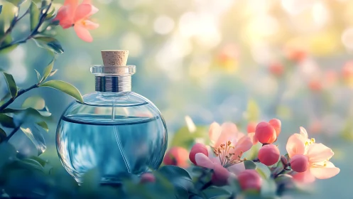 Blue glass perfume bottle amid soft-focus spring blossoms.
