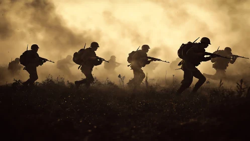 Backlit infantry silhouettes advance through dense battlefield smoke
