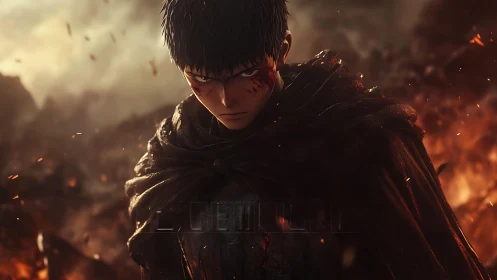 Cloaked male figure with facial scar in burning landscape.