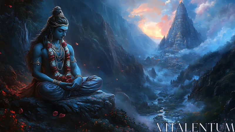 Blue-skinned figure meditates before distant stepped mountain