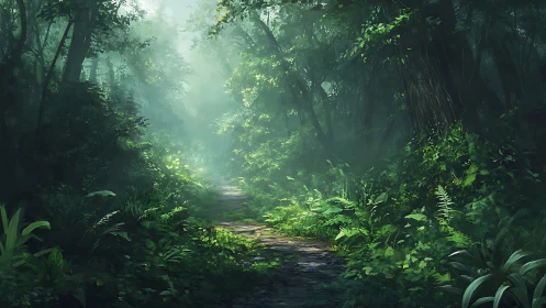 Luminous forest canopy envelops winding pathway through verdant wilderness.