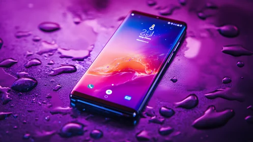 Premium smartphone displaying gradient display with luminous interface elements on wet surface