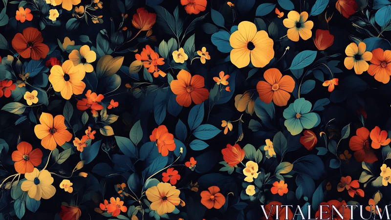 Dark Floral Composition: Orange, Yellow, Red Blooms Against Navy Background
