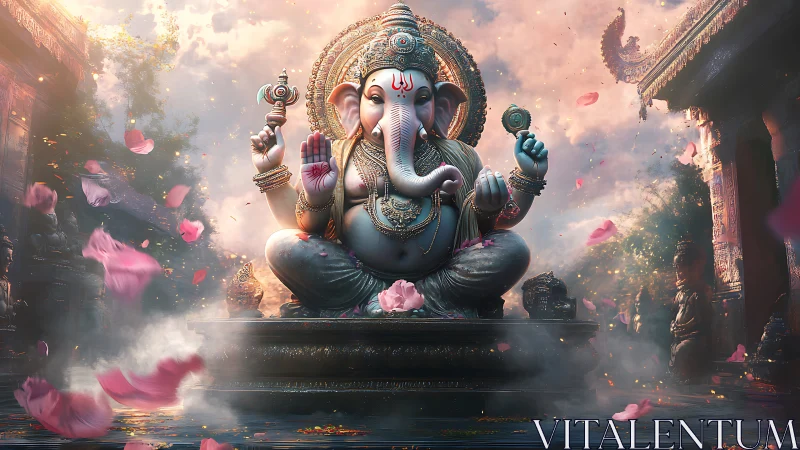 Serene Ganesha statue on ornate temple altar with petals.