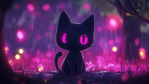 Black cartoon cat under neon rain in stylized forest scene.