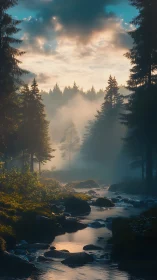 Forest Valley Landscape with Stream and Morning Mist
