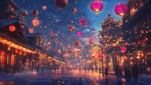 Lantern-lit winter avenue dreaming under festival skies.